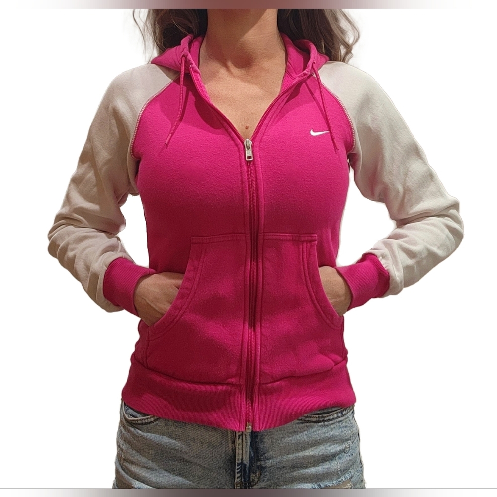 Size XS  Nike Women's Pink and White Zip-Up Sweatshirt Jacket
